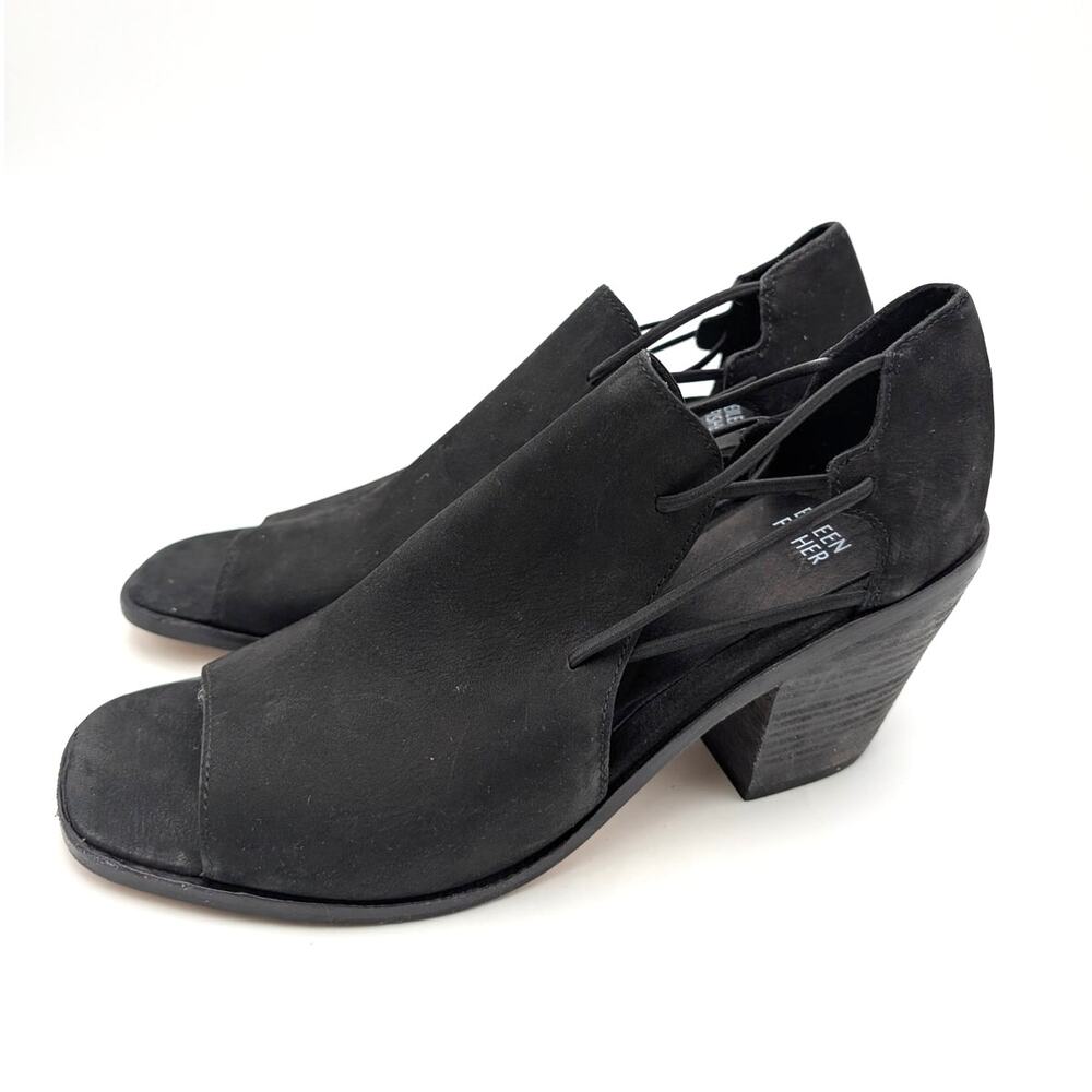 Eileen Fisher Nikki Peep Toe Block Heel Sandals Women's Black Size US10 EU40.5